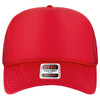A red 5 panel high crown trucker hat featuring a foam front, mesh back, and a logo on the label.