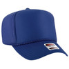 A blue 5 panel high crown air mesh back trucker hat with a branded label on the front.
