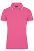 A pink ladies polo shirt featuring a collar and short sleeves with white trim. It has a subtle branding logo.