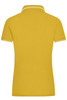 A yellow ladies polo shirt featuring a collar with contrasting trim and a logo.