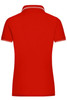 A red ladies polo shirt featuring a collar and contrasting trim, with a logo on the chest.