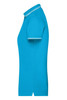 A side view of a turquoise ladies polo shirt with contrasting stripes on the collar and sleeves. It features a logo.