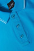 A blue men's polo shirt featuring a classic collar and three buttons, with contrasting white stripes.
