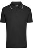 A black men's polo shirt with a collar and striped detailing on the sleeves. Features a logo on the chest.