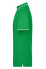 A green men's polo shirt with a collared neckline and contrasting white trim. The shirt is displayed from the side.
