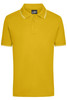 A yellow polo shirt featuring a classic collar and contrasting trim details. It includes a logo on the label.