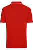 A red polo shirt with short sleeves and a collared neck, featuring contrast piping and a subtle logo.