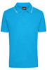 A blue polo shirt with a collar and contrasting stripes on the sleeves. It features a logo on the chest.