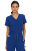 A blue scrubs top featuring a v-neck design and a logo, styled with a drawstring waist.
