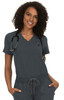 A model wearing a grey medical scrub top, styled with a V-neck and a stethoscope around her neck.