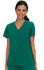 A model wearing a short-sleeve, v-neck top in a vibrant green colour, featuring a small logo on the chest.