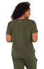 A woman wearing a dark olive green top, showcasing the back view with short sleeves and a casual design.