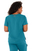 A teal work top with short sleeves, featuring a subtle logo on the back.