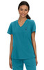 A turquoise top with a V-neck design and short sleeves, featuring a small pocket and a logo.