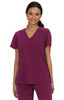 A purple medical top with a v-neck, short sleeves, and a small logo on the chest.