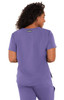 A purple top with a logo, featuring short sleeves and a back view of a woman wearing it.