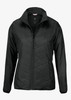A black jacket featuring a zip front, chevron stitching, and side pockets. Includes a logo on the fabric.