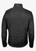 A black men's jacket with a quilted design, featuring a high collar and a logo on the back.