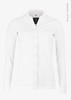 A white long-sleeved polo shirt made from organic cotton, featuring a button-up front and a branding logo.