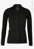 A black long-sleeved polo shirt made of organic cotton, featuring a buttoned front and a collar, with branding.
