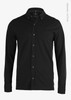 A black long-sleeved polo shirt made from organic cotton, featuring a button-up front and a collar. It has a logo.
