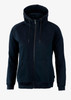 A navy blue women's hoodie with a front zipper, two pockets, and a hood, featuring a logo.