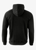 A black hoodie with a hood and long sleeves, featuring a simple design and a logo on the back.