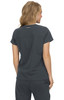 A short-sleeve top in dark grey, featuring a logo, displayed from the back on a model.