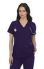 A purple medical top featuring a V-neck design. The model is shown wearing a stethoscope.