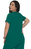 A back view of a woman wearing a green scrubs top, featuring a simple design and a branding logo.