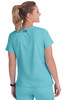 A turquoise top with short sleeves and a simple design, featuring a logo on the back.