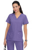 A purple medical scrub top with a v-neck design. It features two front pockets and has a logo.