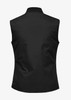 A sleeveless black puffer vest featuring a smooth fabric texture and a back collar, with a logo branding.