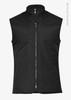 A sleeveless black vest made from recycled polyester, featuring a front zip and a minimalist design.