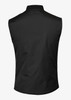 A black vest featuring a simple design and no sleeves, with a collar and a logo at the back.