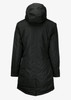 A black puffer jacket featuring a hood and a sleek, streamlined design, with a logo on the back.