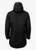 A black puffer jacket with a hood, featuring a simple design and a back view. Includes a logo on the fabric.