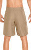 Men's cargo board shorts in tan with an elastic waistband and side pocket, featuring a logo.