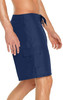 Men's cargo board shorts in navy blue with a side pocket and drawstring waistband, featuring a branded logo.