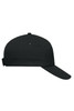 A black 5-panel cap with a curved brim and an adjustable strap at the back. It features a logo on the front.