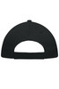 A black 5 panel promo cap featuring a rear adjustable strap and ventilation holes. It includes a logo.