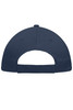 A navy blue 5 Panel Promo Cap featuring a rear opening and an adjustable strap, with a logo on the side.