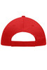 A red 5 panel promo cap featuring an adjustable strap and a curved brim at the back.