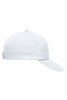 A white 5-panel cap with a curved brim and an adjustable strap, featuring a logo.