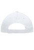 A white 5 Panel Promo Cap with an adjustable strap at the back and a logo on the side.