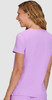 A purple top with short sleeves, featuring a simple design and a logo on the back.