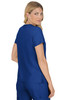 A blue medical top is worn by a model, showing the back view and a relaxed fit. The top features a logo.