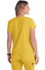 A yellow top with short sleeves, featuring a simple design and a logo on the back.