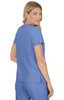 A woman wearing a blue medical tunic, viewed from the back, featuring short sleeves and a relaxed fit.