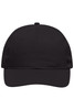 A black 6 panel cap featuring a curved brim and ventilation eyelets. It has a logo on the front.